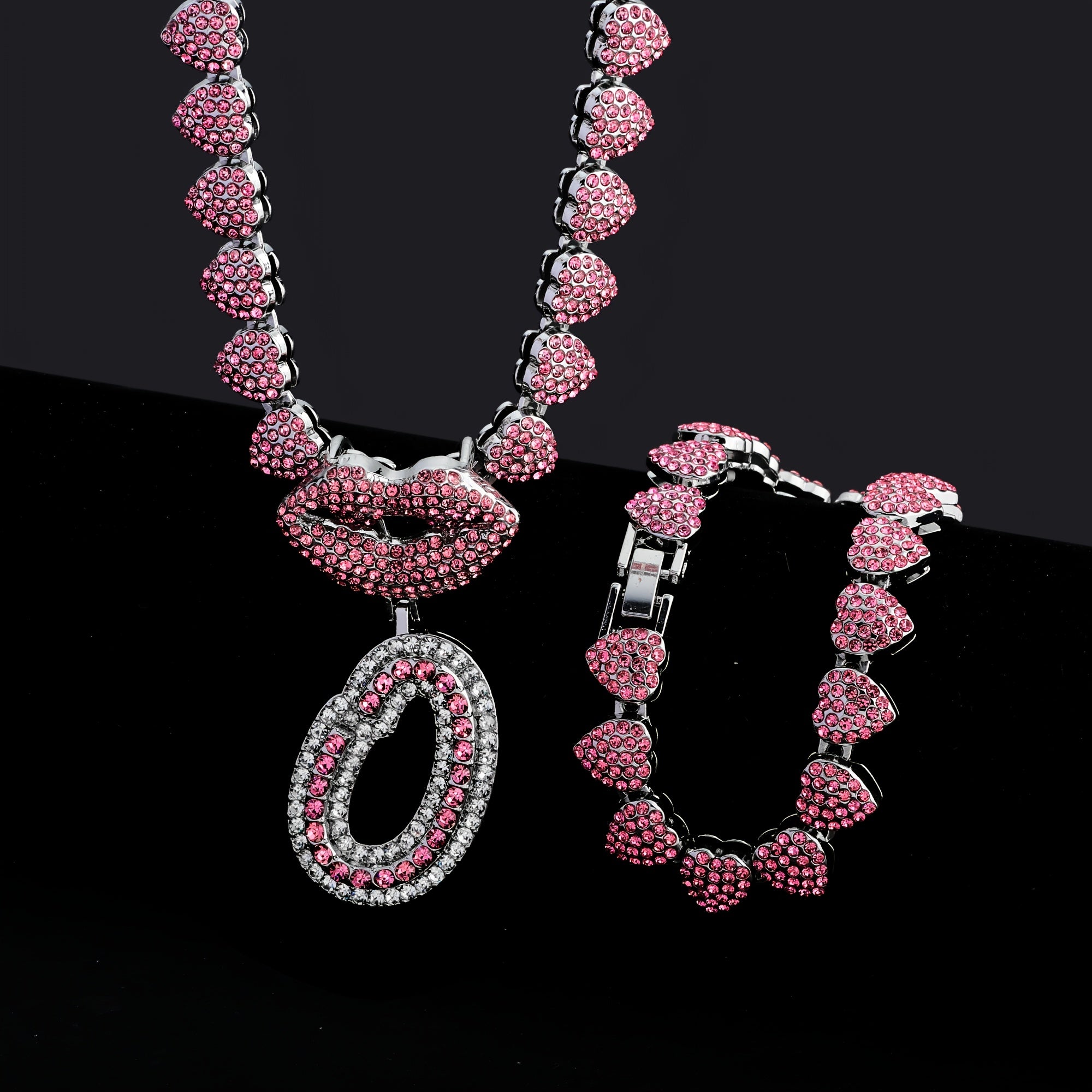 Hip Hop Y2K Style Pink Sexy Lips Pendant Necklace and Bracelet Set, A-Z Initials, Rhinestone Inlay, Zinc Alloy, Perfect for Daily Wear or Parties, Ideal Valentine's Day Gift for Men and Women, Hip Hop Jewelry